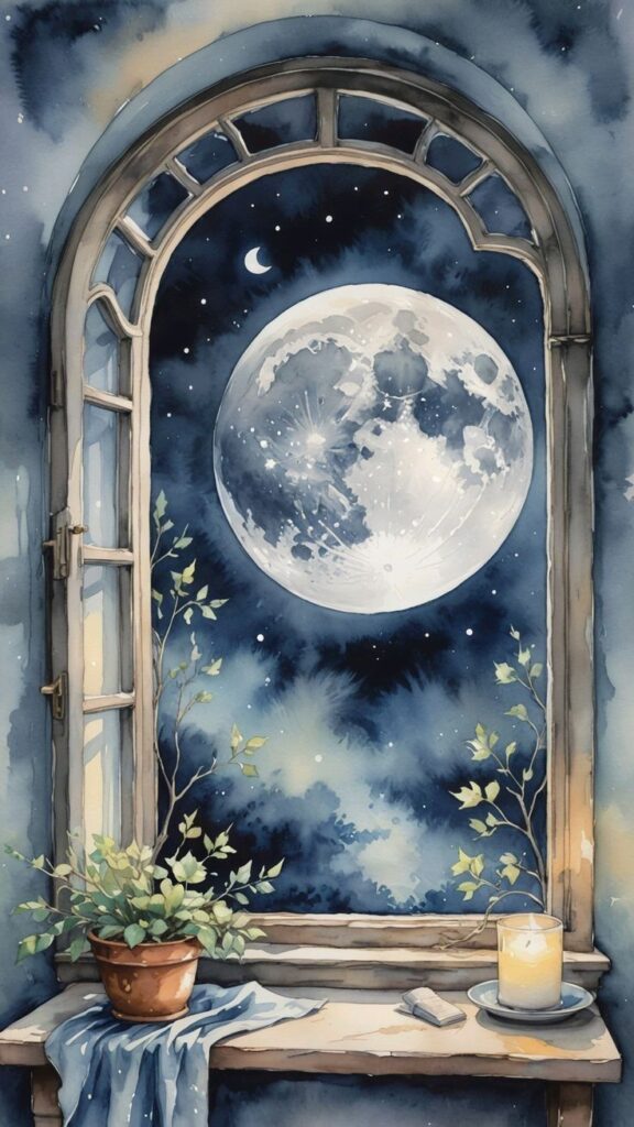 Watercolor night scene with full moon visible through an arched window, candlelit windowsill, and potted plant.