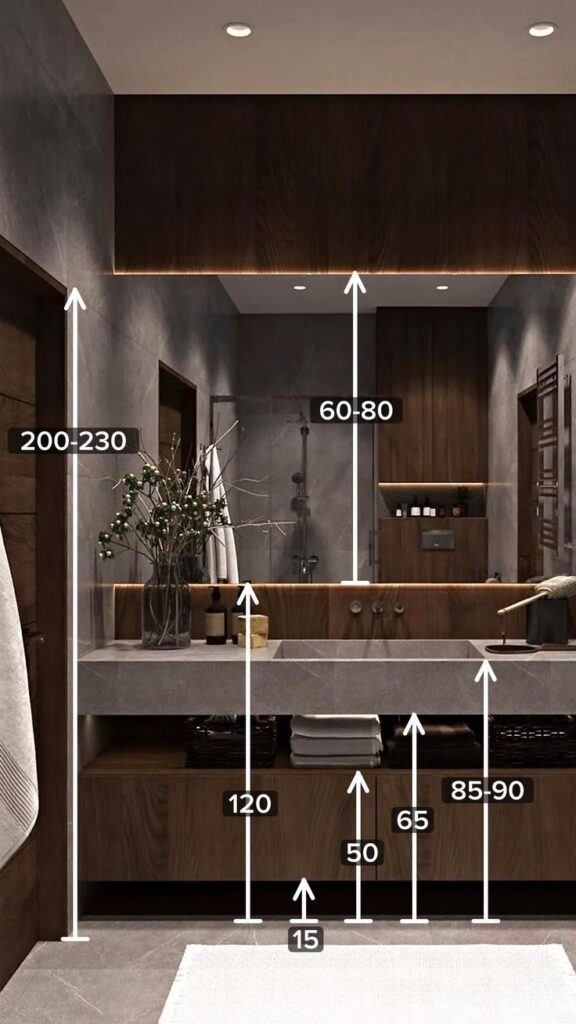 _ 7 Modern bathroom with measurements for vanity and shelving. Dark wood accents and ambient lighting enhance design. | Sky Rye Design Modern bathroom with measurements for vanity and shelving. Dark wood accents and ambient lighting enhance design.