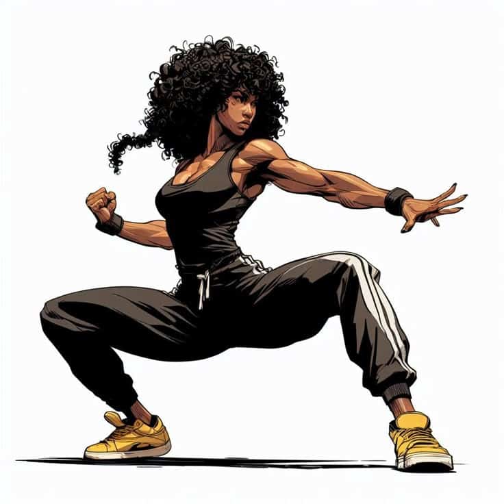 Illustration of a strong woman practicing martial arts, wearing athletic clothing and striking a dynamic pose.