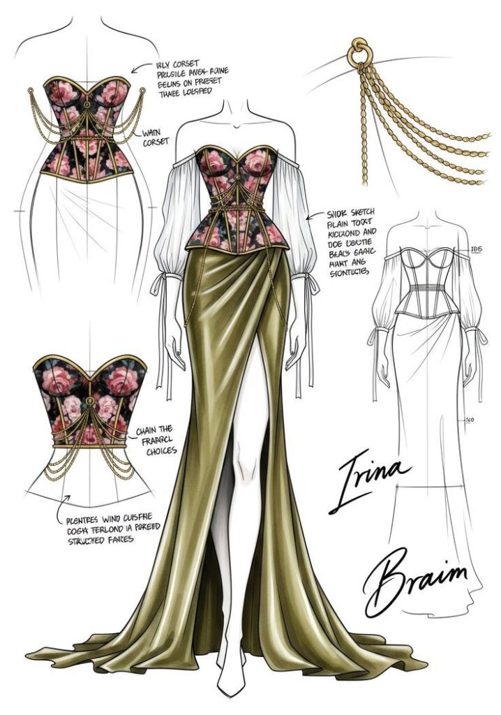 Fashion design sketch: floral corset with chains, draped green skirt with slit, and long sleeves.
