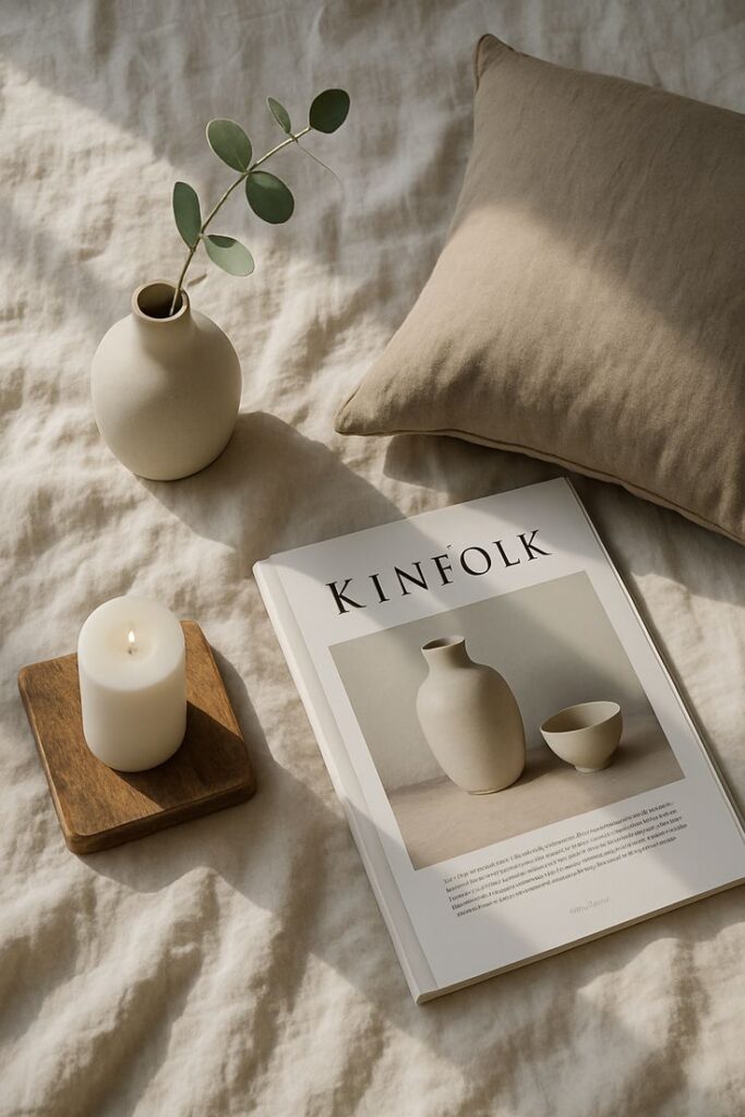 7 Neutral Decor Staples Every Minimalist Home Needs Minimalist setup with vase, candle, and magazine on linen bedding, creating a serene and cozy ambiance. | Sky Rye Design Minimalist setup with vase, candle, and magazine on linen bedding, creating a serene and cozy ambiance.