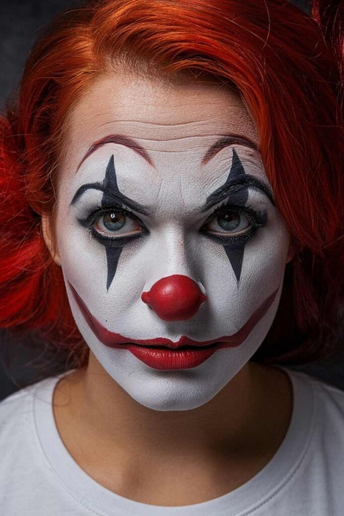 Close-up of a person in clown makeup with red nose, white face, dark eye accents, and red hair, wearing a white shirt.