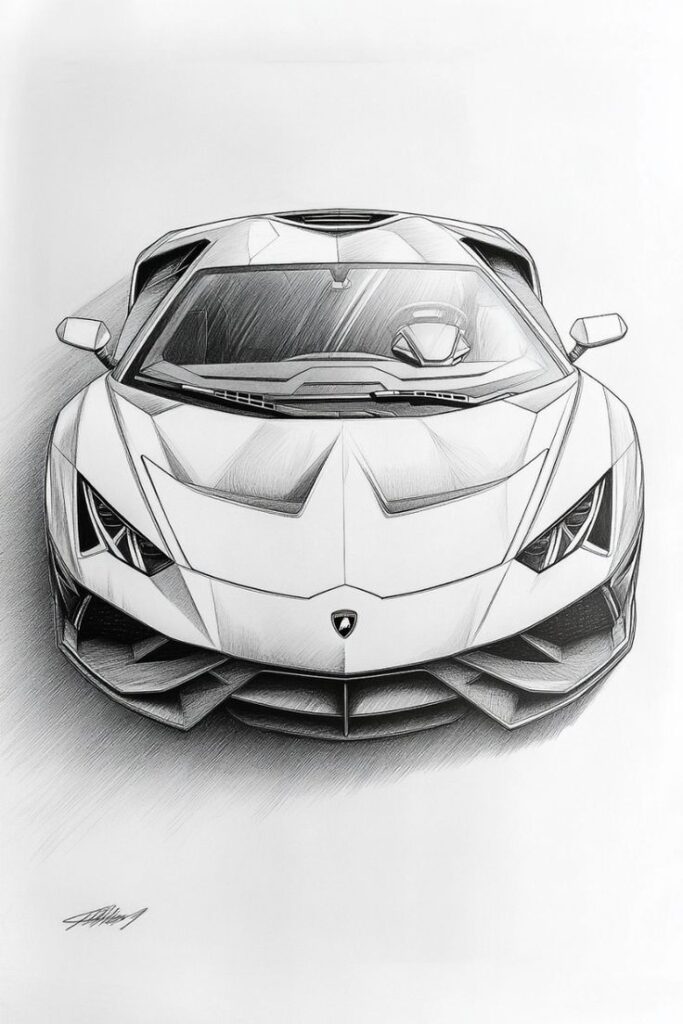 Sketch of a sleek sports car from the front, showcasing its aerodynamic design and intricate details.