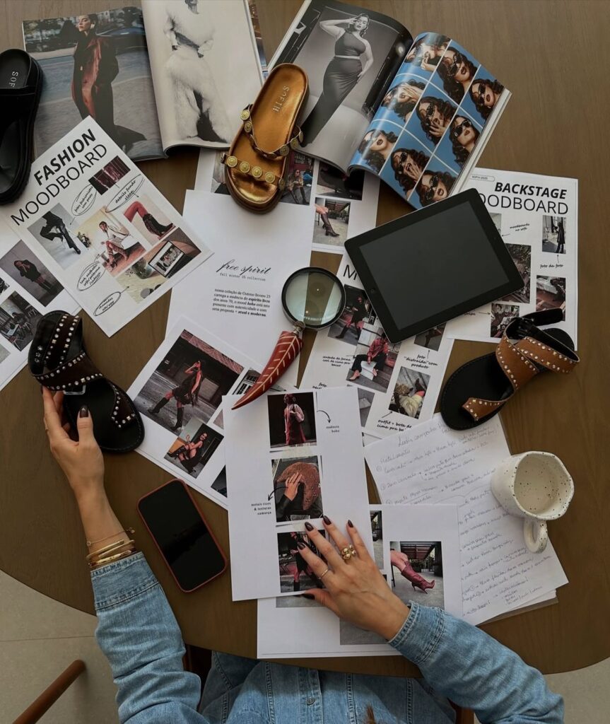 Fashion moodboard on desk with magazines, sandals, tablet, and notes. Creative brainstorming for design inspiration.