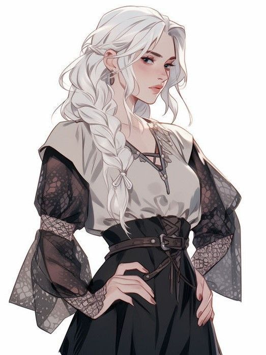 Illustration of a woman with white braided hair in a medieval outfit, featuring lace details and a confident pose.