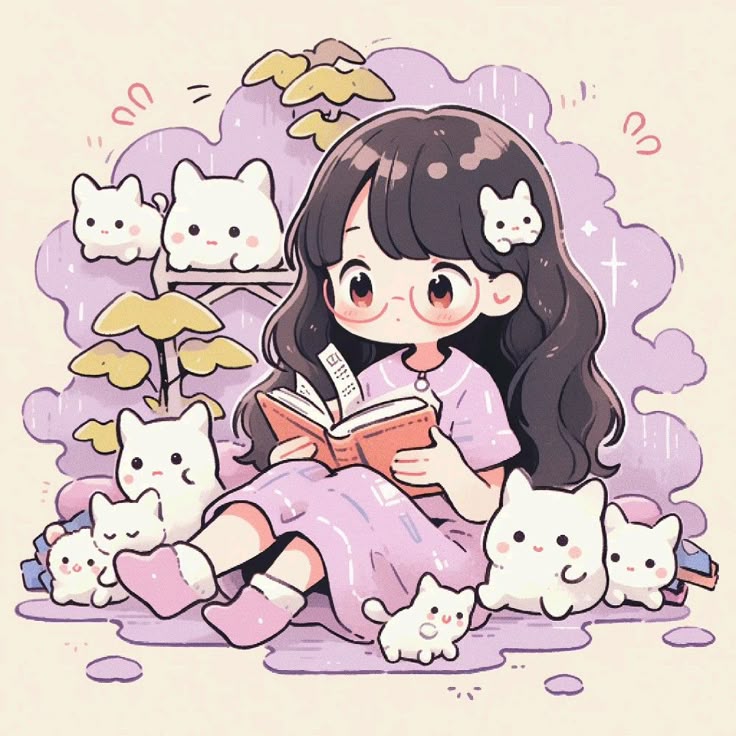 Cute girl reading a book, surrounded by adorable fluffy creatures, in a whimsical fantasy setting.