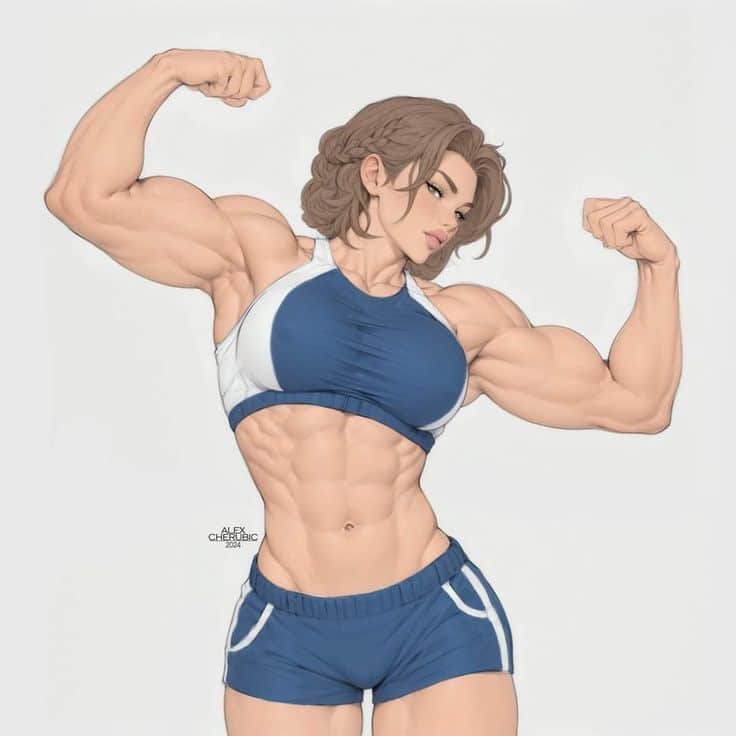 Muscular female athlete flexing biceps in blue sportswear, showcasing strength and fitness prowess.
