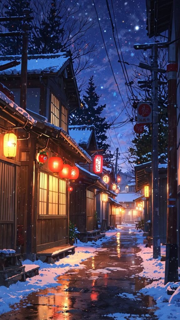 Snowy night in a lantern-lit Japanese street with wooden houses under a starry sky.