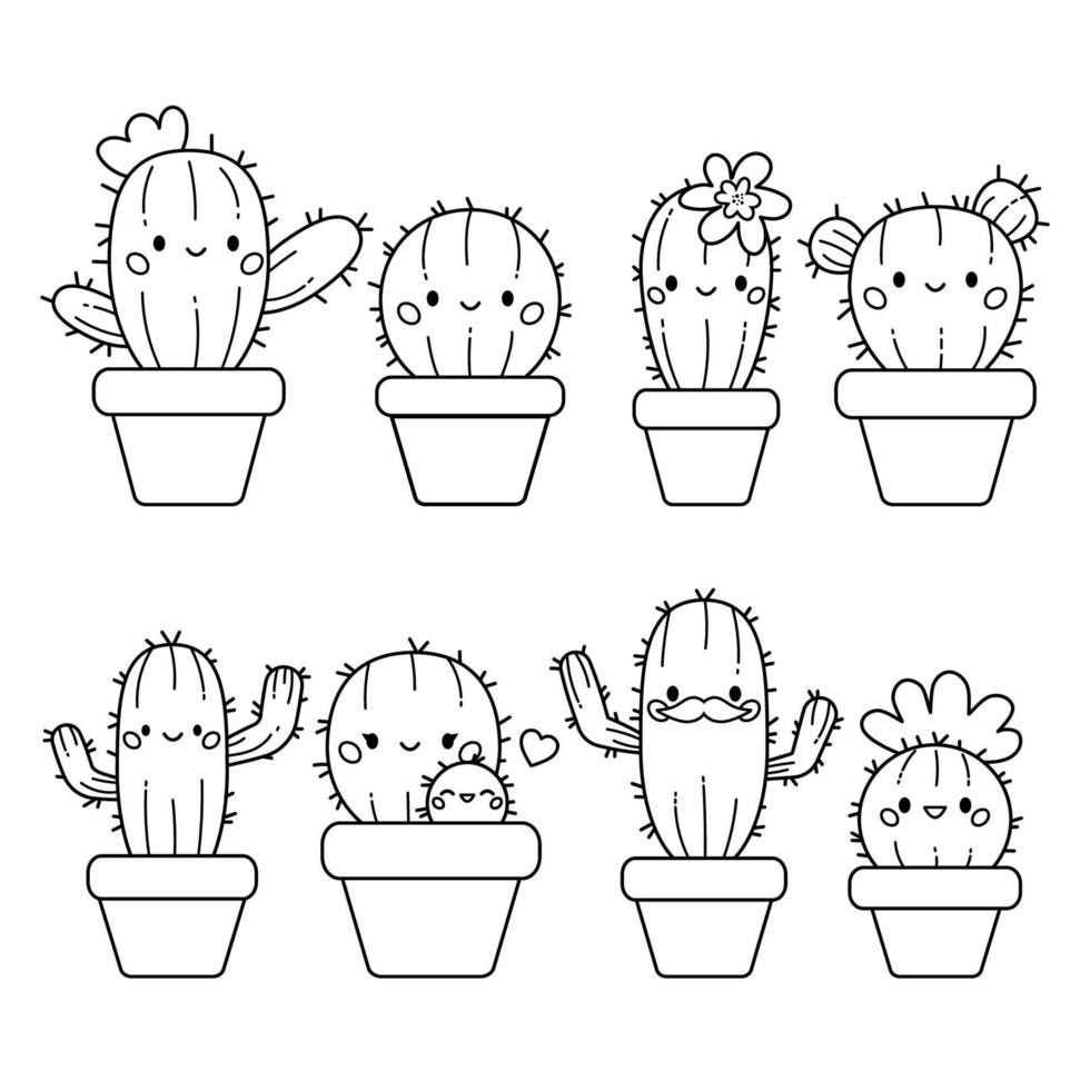 Cute, kawaii-style cartoon cacti in pots, each with different facial expressions and accessories, black and white illustration.