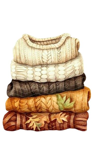 Stack of cozy, folded sweaters in fall colors with leaf patterns, perfect for autumn fashion inspiration.