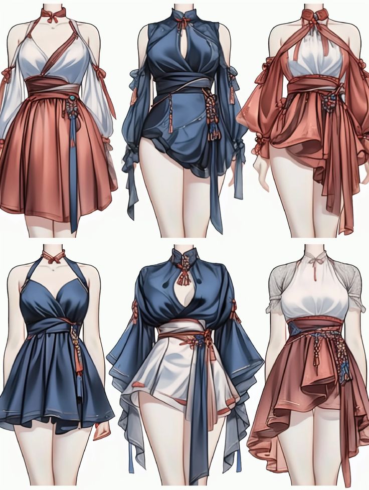 74-6094 Girls heart costume design sketches Elegant anime-inspired fashion designs featuring various blue and pink outfits with intricate detailing. | Sky Rye Design Elegant anime-inspired fashion designs featuring various blue and pink outfits with intricate detailing.