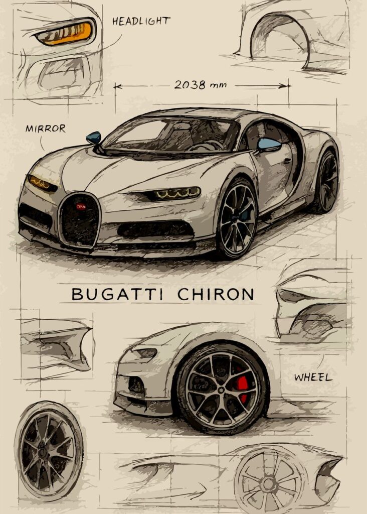 Sketch of a Bugatti Chiron showcasing front view, headlight, mirror, wheel details, and measurements.