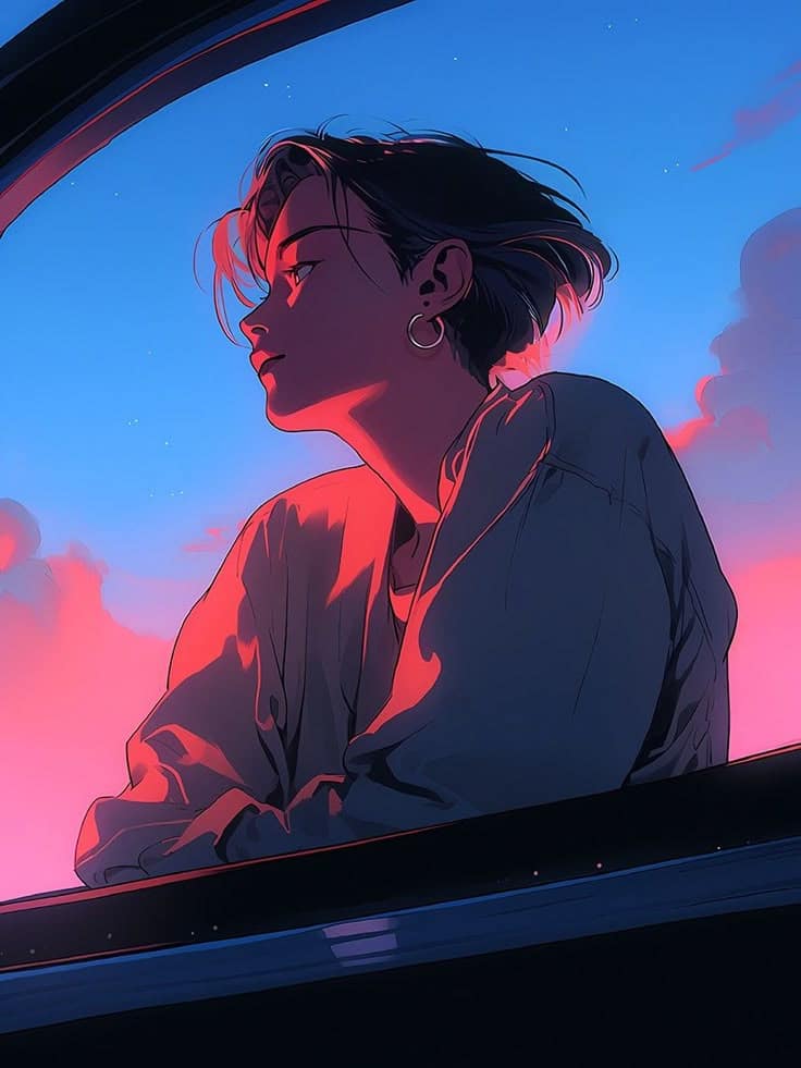 751dd9d0-2ec0-42b0-971a-5cc0022b9a0a Silhouette of a person with short hair and earrings, gazing at a colorful sunset sky through a car window. | Sky Rye Design Silhouette of a person with short hair and earrings, gazing at a colorful sunset sky through a car window.