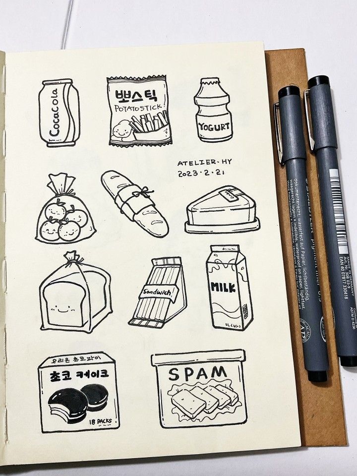 7536cc08-5251-4dbe-b5ec-c2110838577d Black and white sketch of various food items like yogurt, bread, milk, and snacks in a notebook. | Sky Rye Design Black and white sketch of various food items like yogurt, bread, milk, and snacks in a notebook.