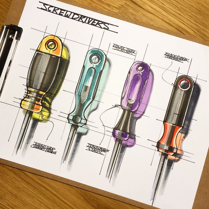 75484b33-5492-4a67-81f5-76b57602f395 Illustration of four colorful screwdriver designs on a sketch pad, showcasing ergonomic and aesthetic features. | Sky Rye Design Illustration of four colorful screwdriver designs on a sketch pad, showcasing ergonomic and aesthetic features.