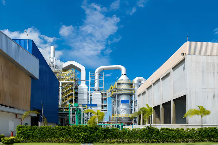 Modern industrial facility with blue sky, showcasing manufacturing equipment and architecture.