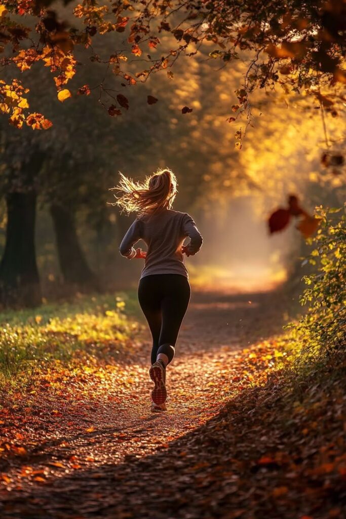 Runner on a forest path during autumn, surrounded by falling leaves and warm sunlight.