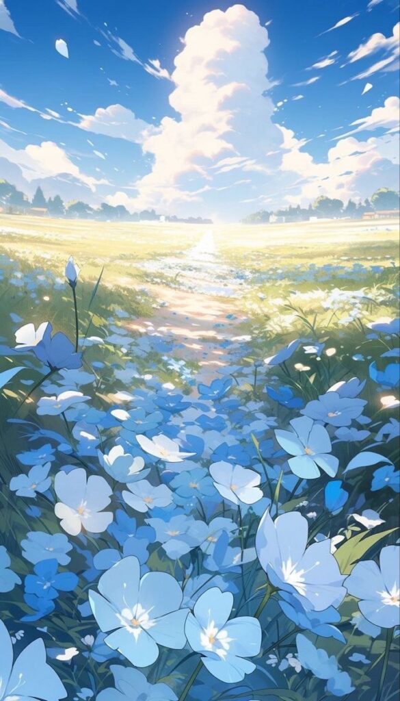 Tranquil meadow with vibrant blue flowers under a bright sky with fluffy clouds, evoking a sense of serenity.