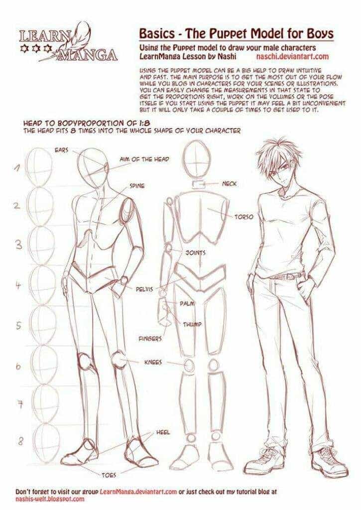 Manga drawing guide: puppet model for boys, showing proportions and sketch techniques for character design.