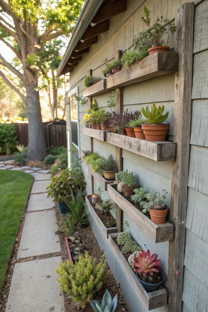 79600e287e4f383802294249c94f515d Vertical garden on a wooden wall with various potted succulents and plants, enhancing a backyard setting. | Sky Rye Design Vertical garden on a wooden wall with various potted succulents and plants, enhancing a backyard setting.