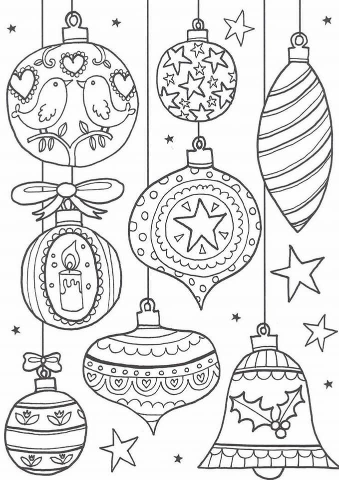 7a98380f-69ea-4701-9b86-d47630be06b3 Ornate Christmas ornaments and stars coloring page with birds, candles, and holly designs. Black and white illustration. | Sky Rye Design Ornate Christmas ornaments and stars coloring page with birds, candles, and holly designs. Black and white illustration.