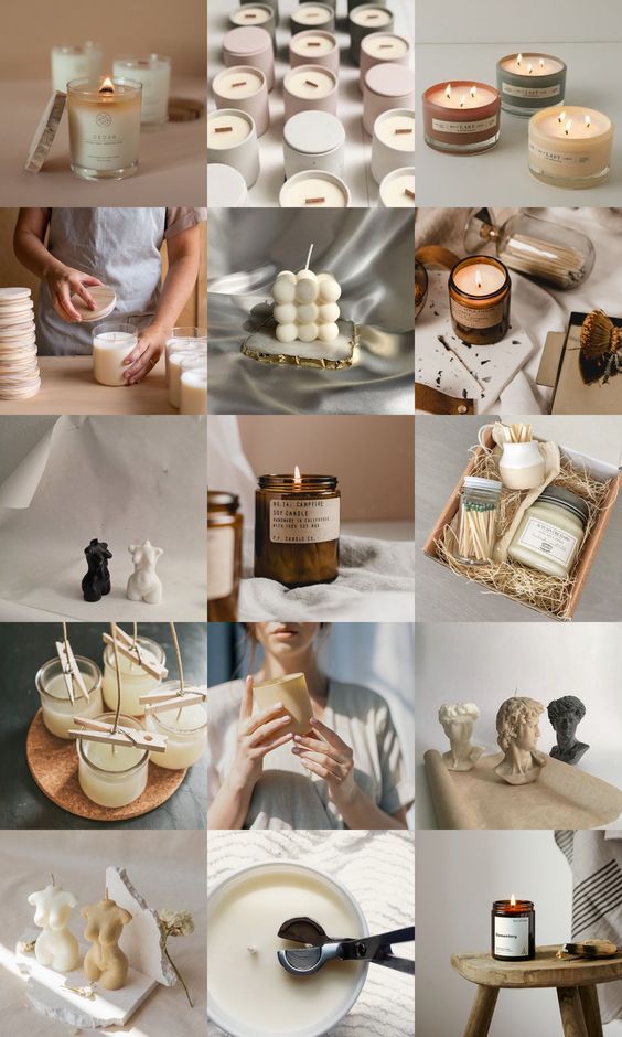 Collage of artisanal candles in various containers and shapes, highlighting elegant home decor and cozy ambience.
