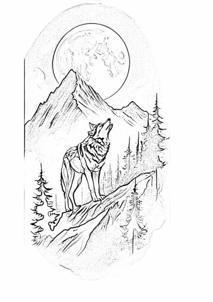 7addff10bf41c706b66b834e858ec838 Wolf howling at the moon on a mountain ledge with pine trees, night sky, and full moon in the background. | Sky Rye Design Wolf howling at the moon on a mountain ledge with pine trees, night sky, and full moon in the background.