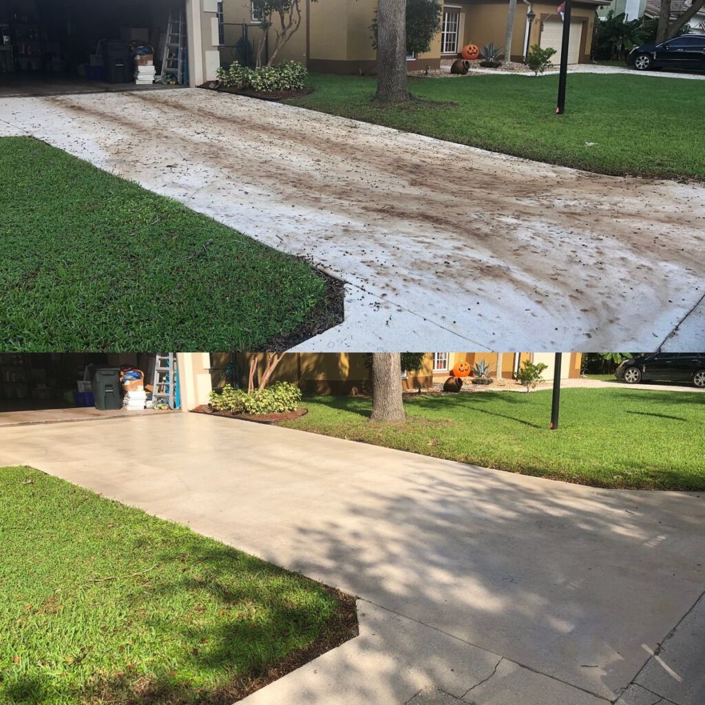 Driveway before and after cleaning, with a transformation from dirty to spotless concrete surface.