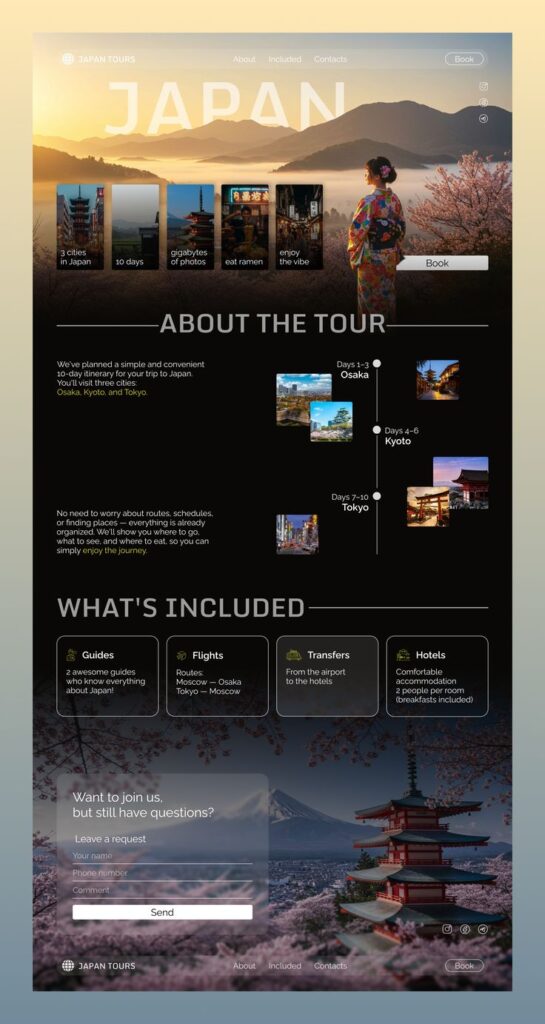 Japan tour package details with itinerary and booking options, featuring cities Osaka, Kyoto, and Tokyo.