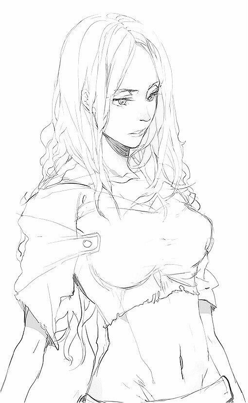 Sketch of a contemplative woman with long hair, wearing a cropped top, featuring detailed line art.