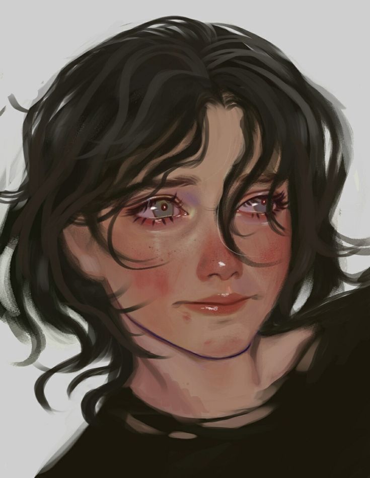 Digital portrait of a person with dark hair and expressive eyes, featuring a soft and detailed art style.