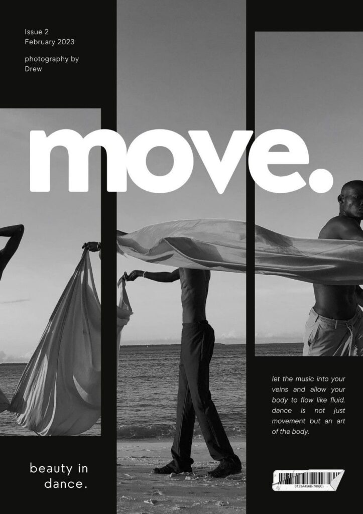 Black-and-white dance magazine cover with dancers and flowing fabric on a beach. Text: move. February 2023 issue.
