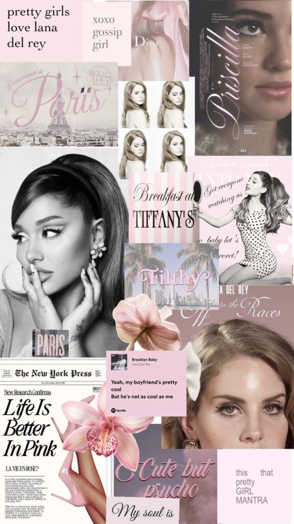 Collage with Paris, Lana Del Rey, Ariana Grande, Breakfast at Tiffany's, and pink aesthetic quotes.