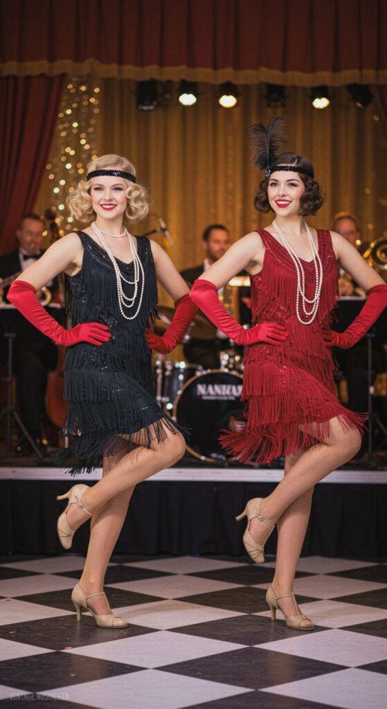 Two women in flapper dresses and red gloves dancing on a checkered floor, with a vintage band in the background.