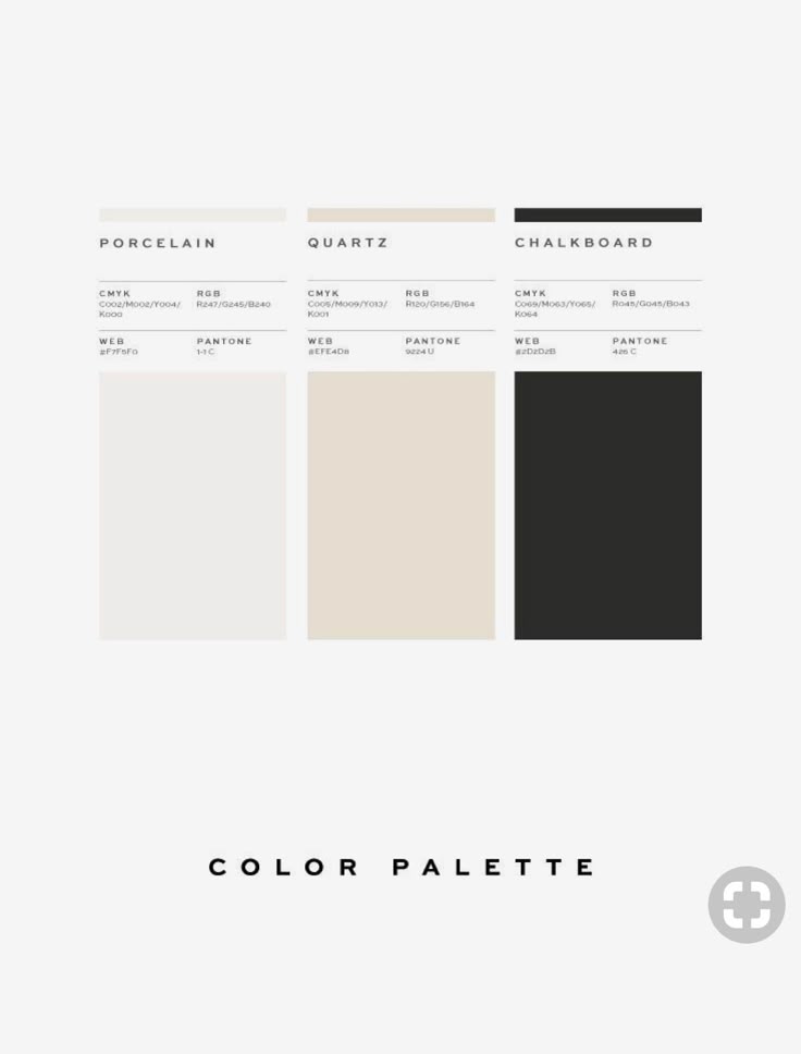 Minimalist color palette featuring Porcelain, Quartz, and Chalkboard shades for design inspiration.