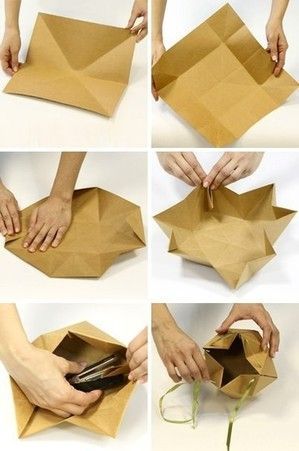 Step-by-step guide to folding a DIY paper gift bag from a brown paper sheet with handles.