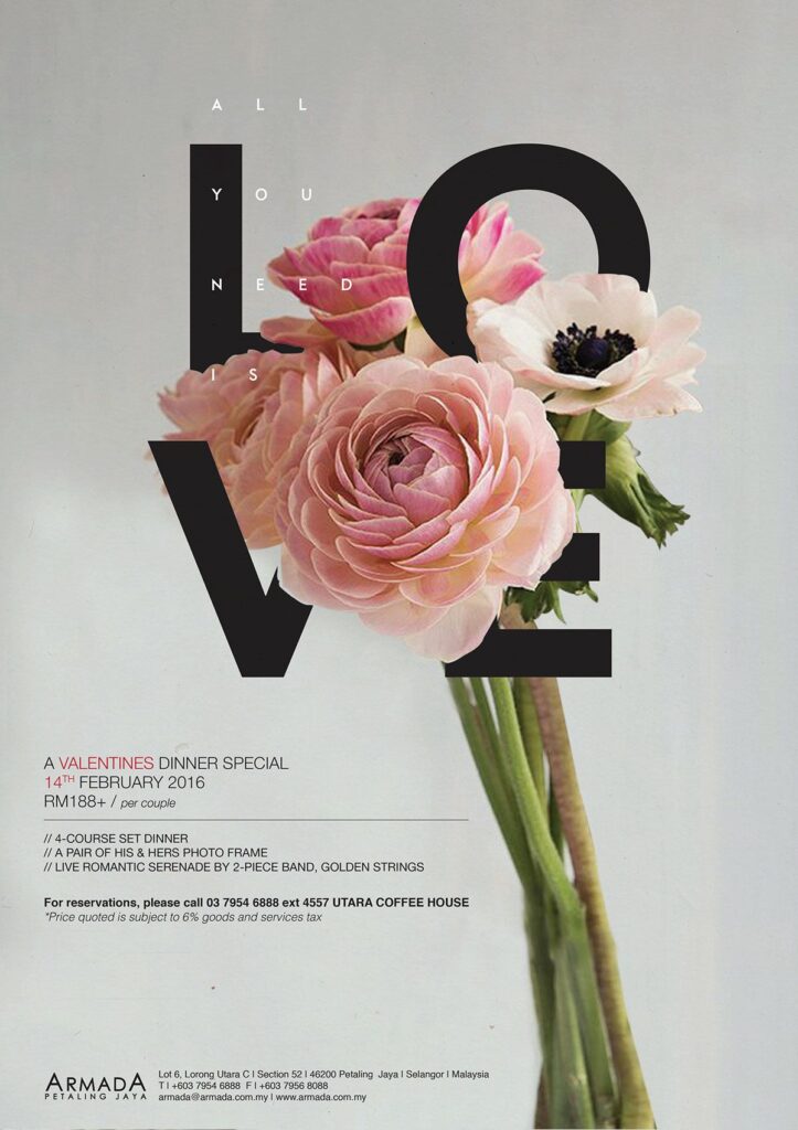 Valentine's dinner poster with pink flowers and All You Need Is Love text, promoting romantic event.