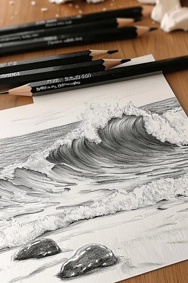 Pencil drawing of ocean wave with foam details and black pencils on a wooden table.