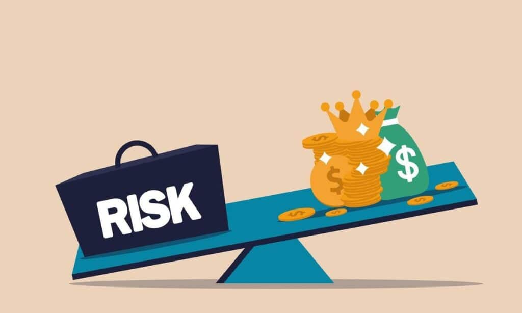 Business risk and reward balance concept, with risk briefcase and money symbols on a seesaw.