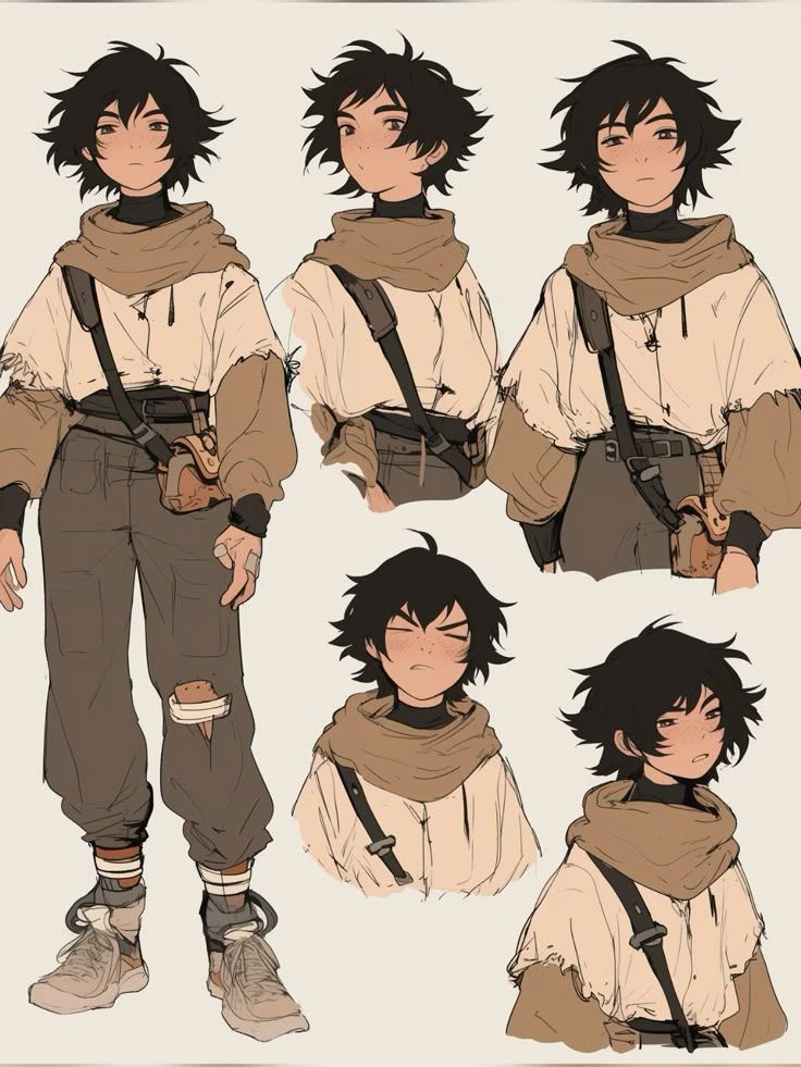 Anime character design with multiple views, showcasing casual outfit with scarf, bag, and expressive hairstyles.