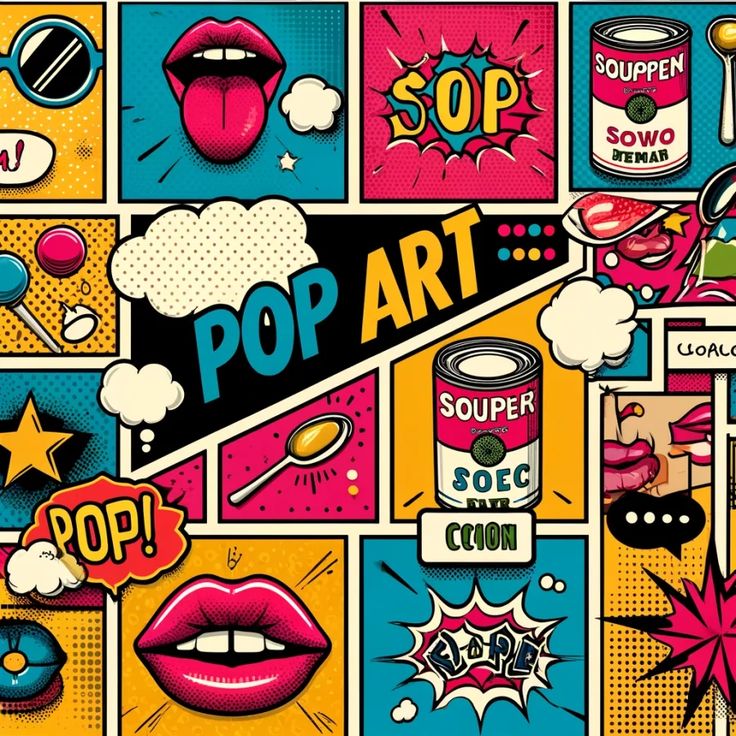 Vibrant pop art collage featuring comic-style lips, speech bubbles, spoons, and soup cans in bold colors.