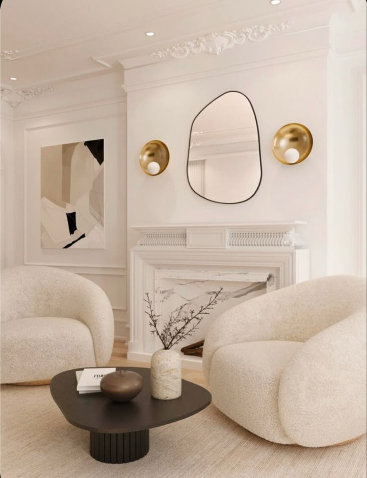 Modern living room with white chairs, abstract art, mirror, and minimalist coffee table for chic home decor.