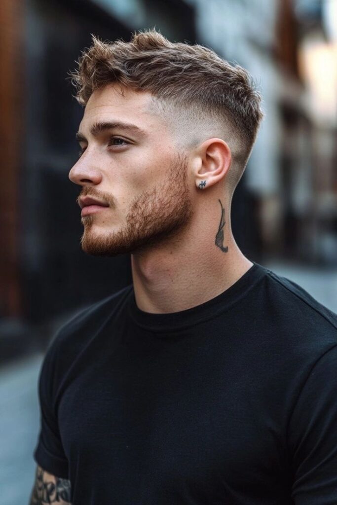 Young man with trendy short haircut and tattoos, wearing black t-shirt, looking away in urban setting.