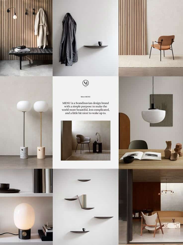 Collage showcasing minimalist Scandinavian interior design by MENU, featuring furniture and lighting in modern settings.