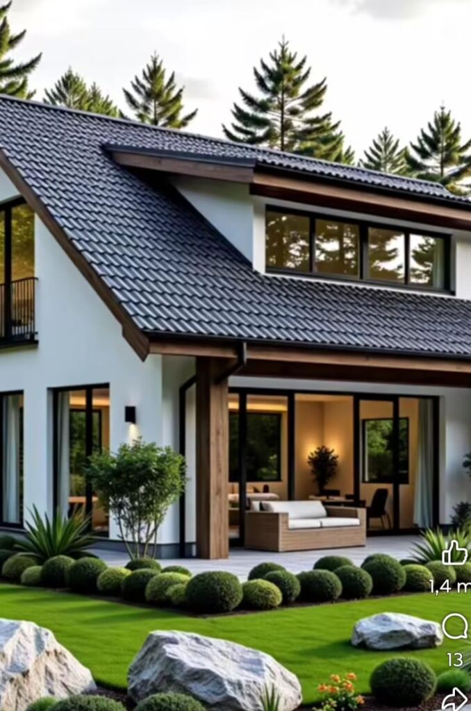 Modern house with a sleek roof, large windows, and a well-manicured garden featuring rocks and shrubs.