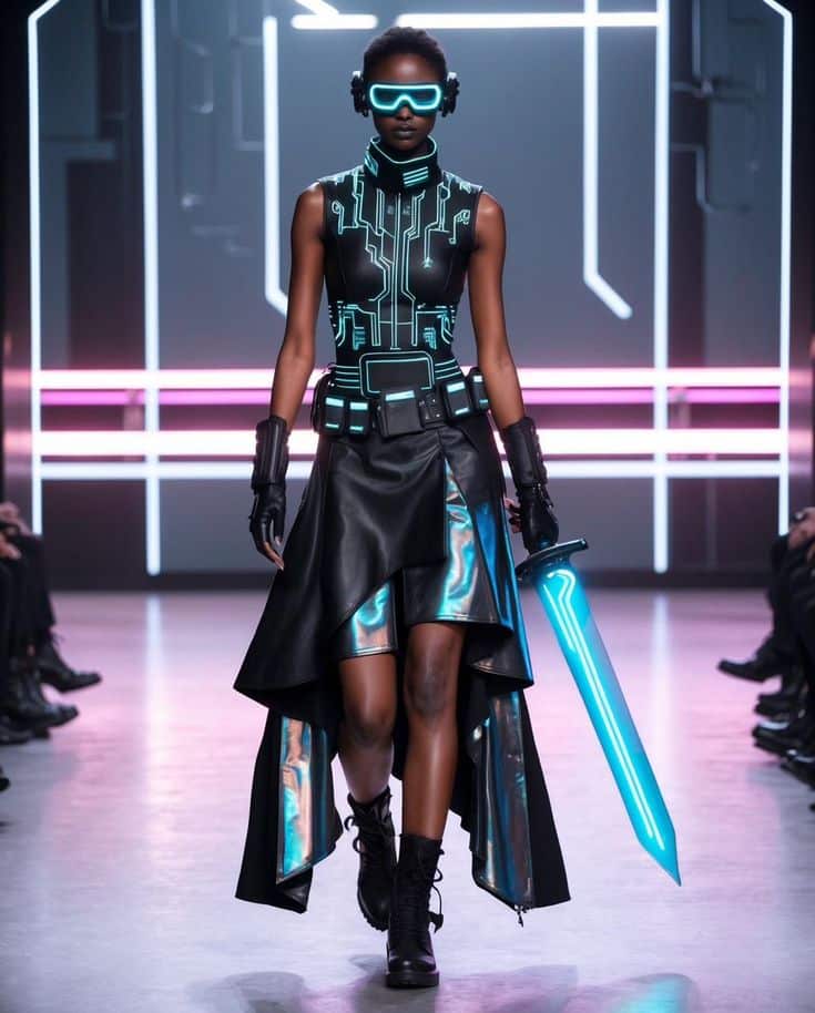 _ 8 Futuristic fashion model in neon cyberpunk outfit with glowing accessories on runway. | Sky Rye Design Futuristic fashion model in neon cyberpunk outfit with glowing accessories on runway.