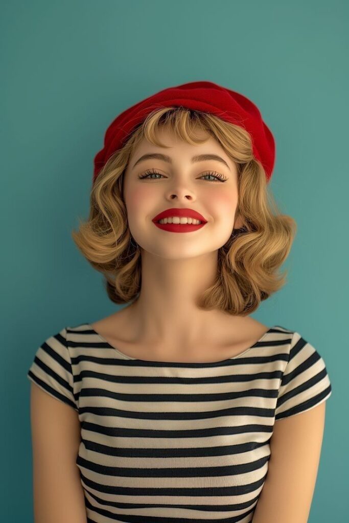 Smiling woman in red beret and striped top, blue background. Retro fashion.