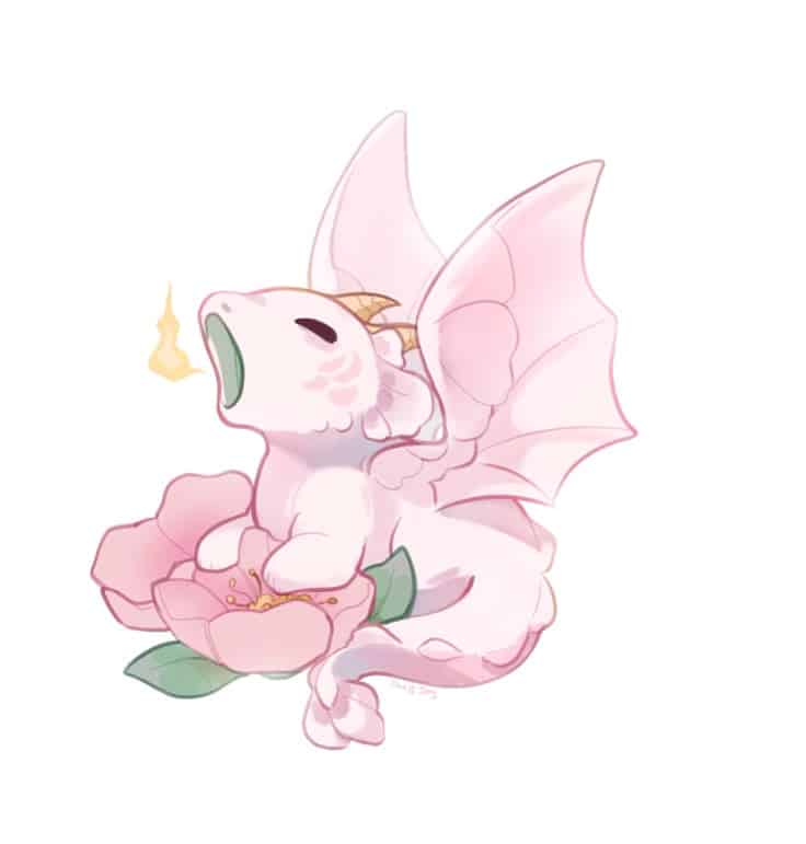 Cute pink dragon cuddling a blossom, breathing a small flame. Cute fantasy art, whimsical illustration.