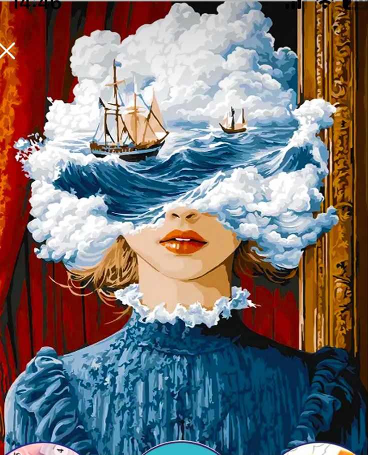 Surreal art: woman's head in clouds, sailing ships at sea, framed by red curtains.