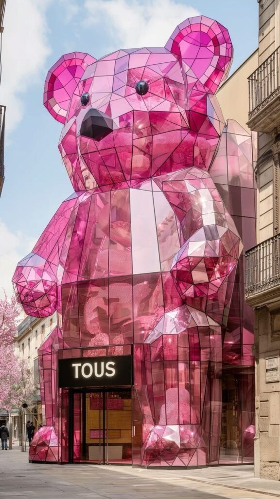Giant pink geometric bear structure outside Tous store, capturing vibrant urban art and architecture.